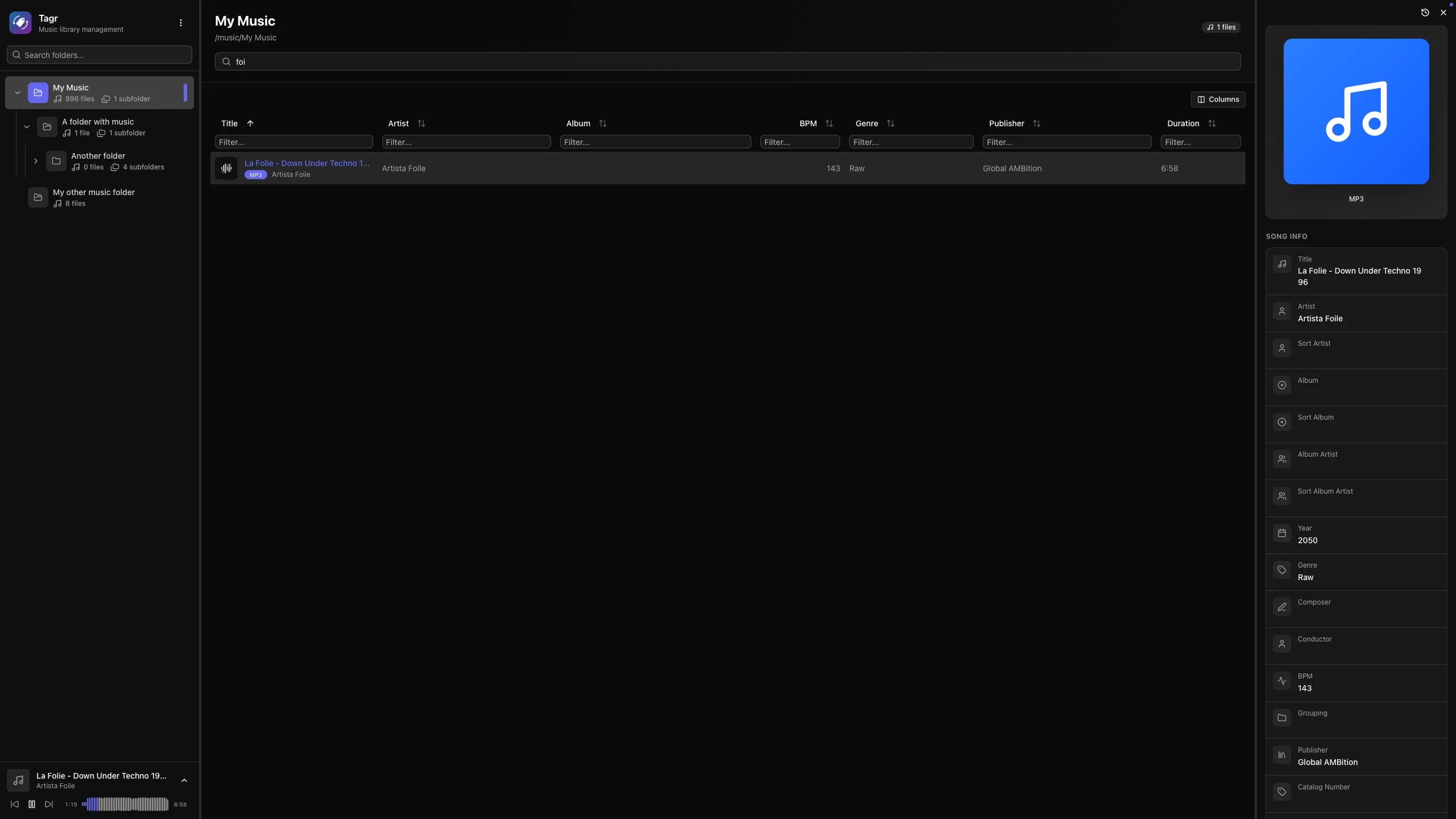 Tagr metadata editor with a search filter applied to the song list and the detail panel open on an editable title, artist and album field