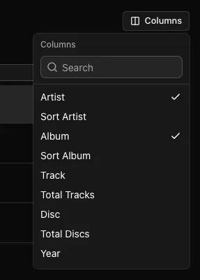 Tagr column picker showing toggles for over 40 available song list columns