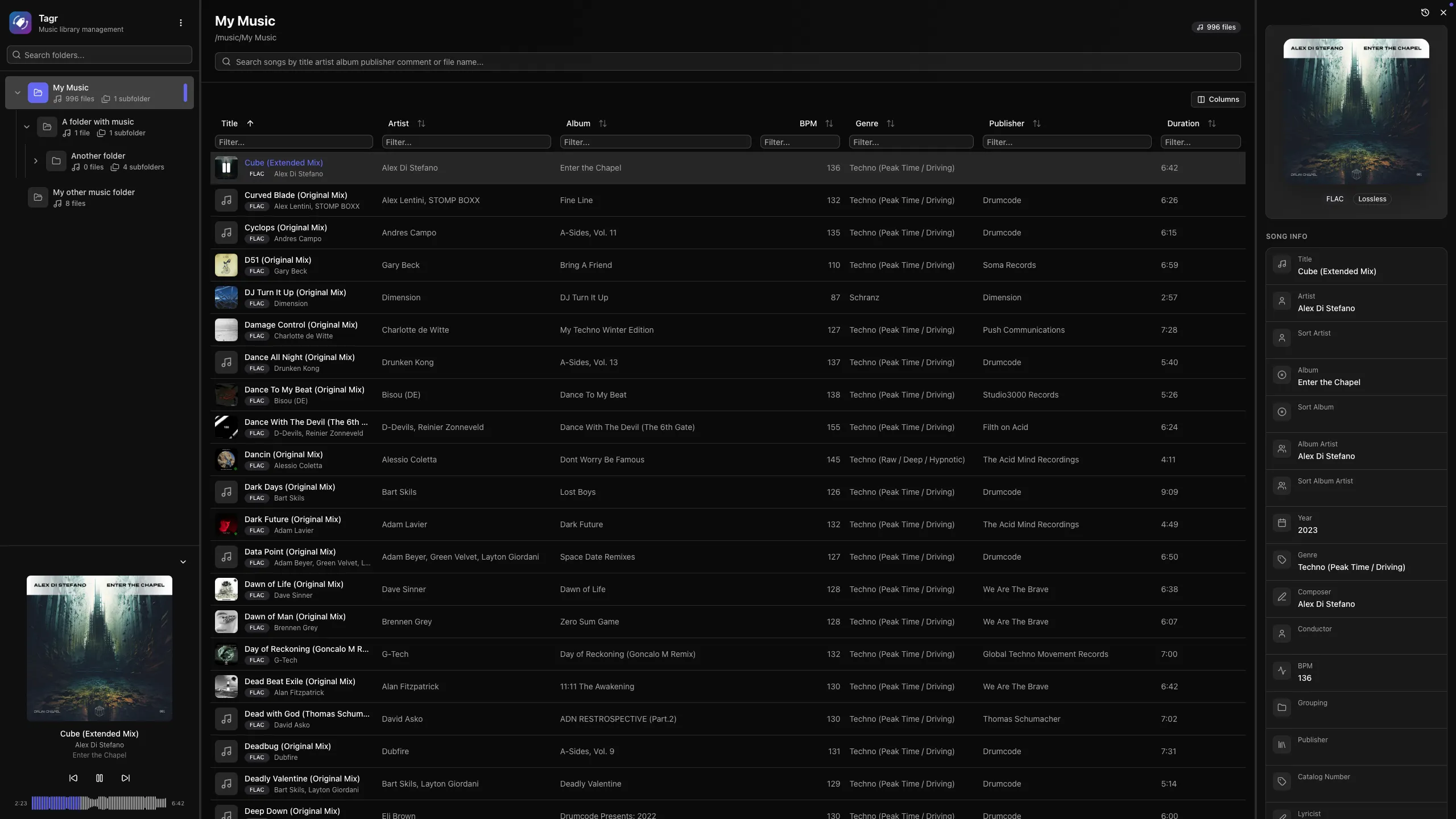 Tagr, a self hosted music metadata editor, showing its three panel interface: the folder tree, a song list of FLAC files, and the metadata editor, with the waveform player at the bottom left