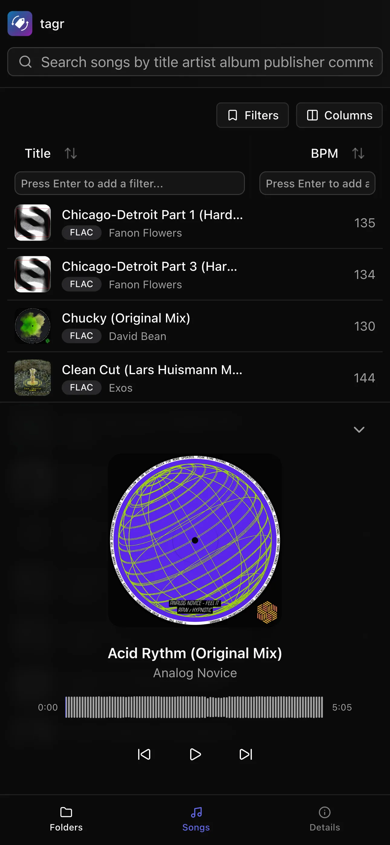 Tagr mobile player expanded to full screen with album art, waveform and playback controls