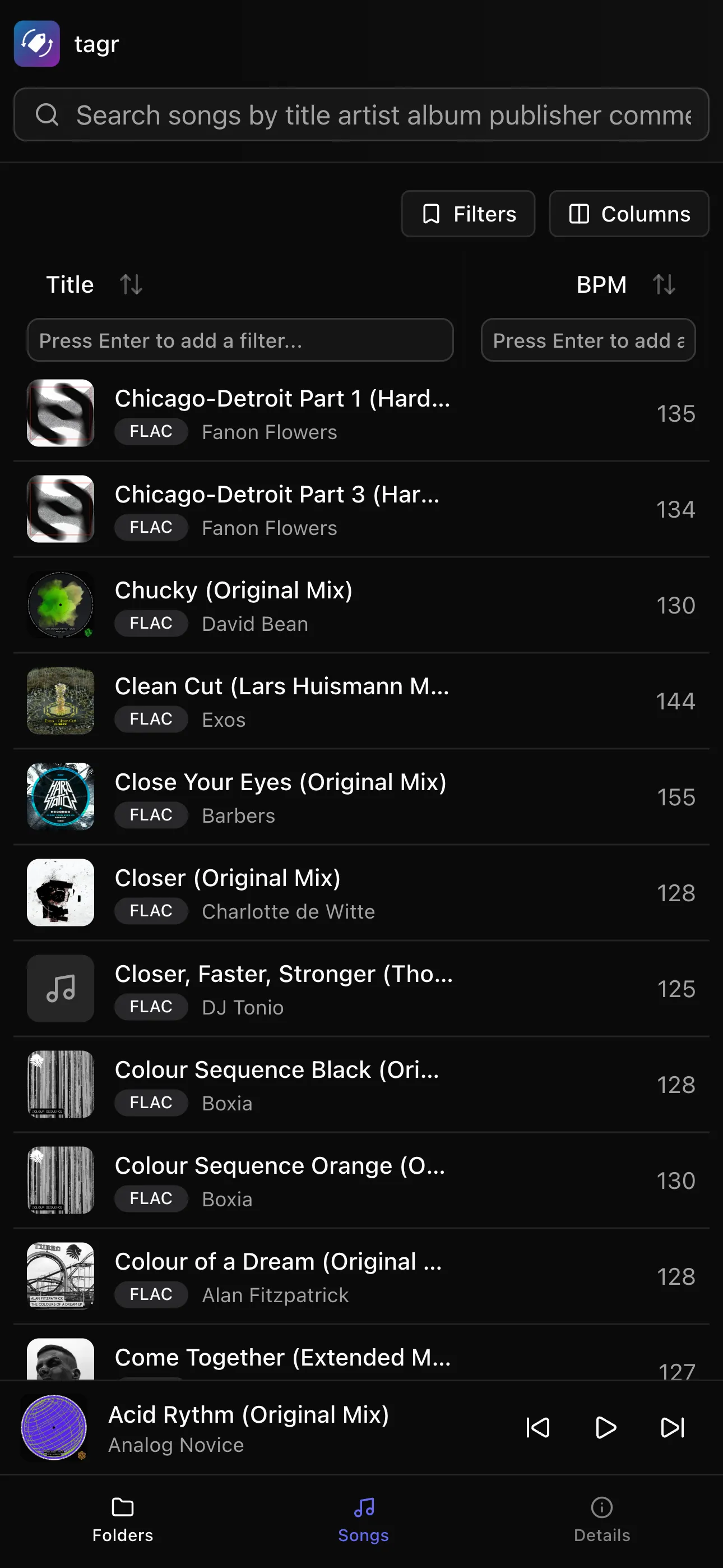 Tagr mobile song list showing tracks with artist and album on a full screen panel