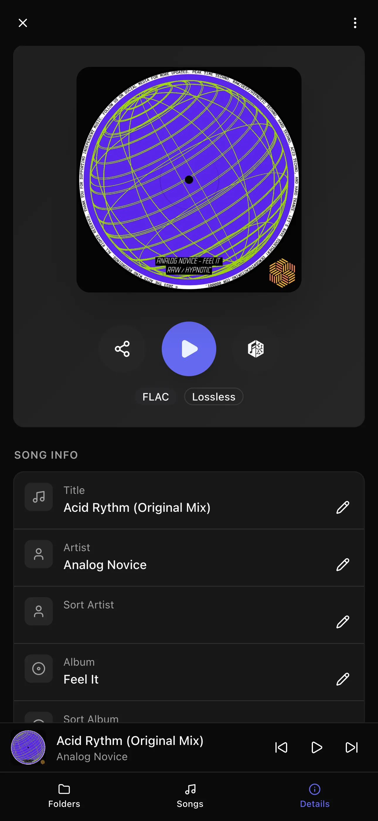 Tagr mobile song detail view with editable metadata fields and always visible edit actions