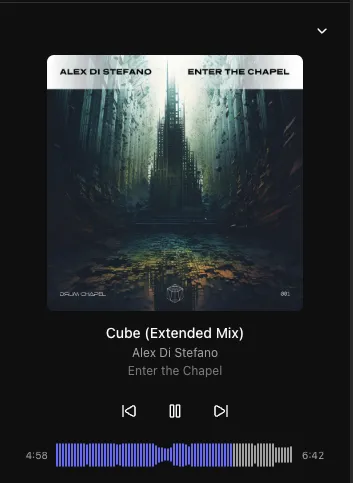 Tagr expanded sidebar player showing album art, track title and an interactive WaveSurfer waveform