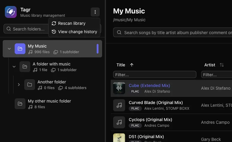 Tagr folder tree with a right click context menu offering rescan and folder history actions