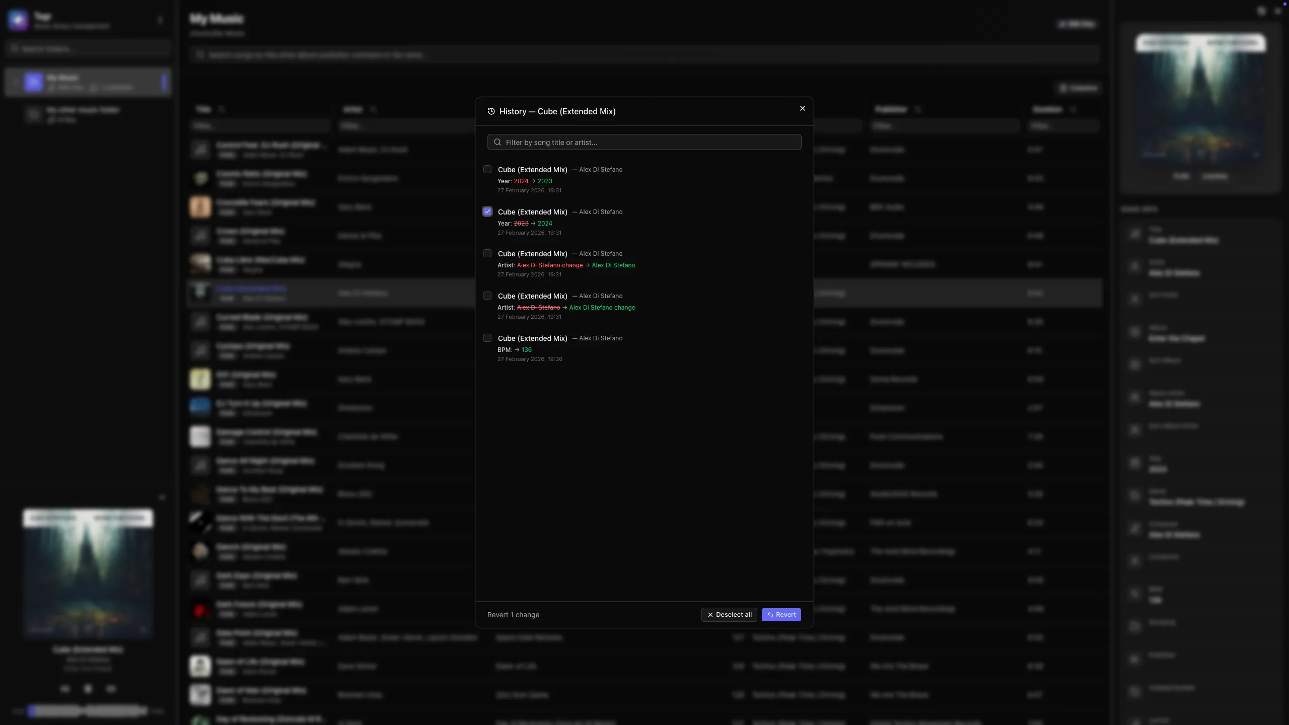 Tagr change history panel listing metadata edits with their old and new values and a revert action on each row