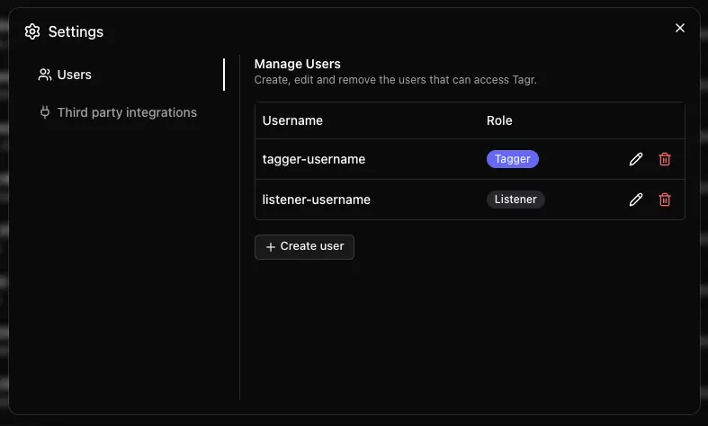 Tagr settings dialog open on the Users section, listing a tagger and a listener account with their role badges and edit and delete actions